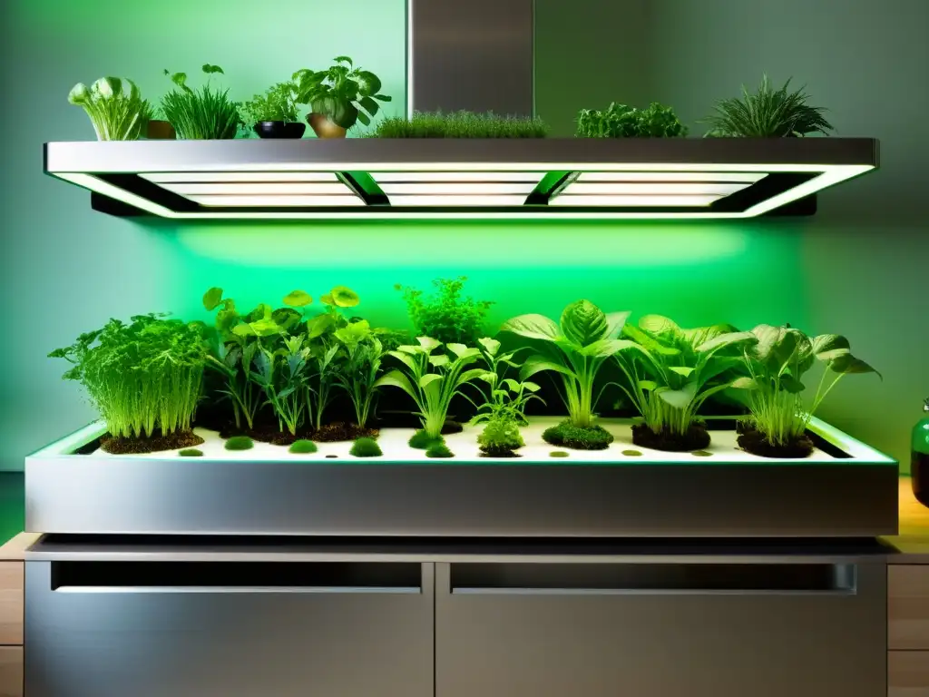 Acuaponía gourmet: cocina moderna con sistema acuapónico integrado, peces y vegetales en armonía bajo luces LED