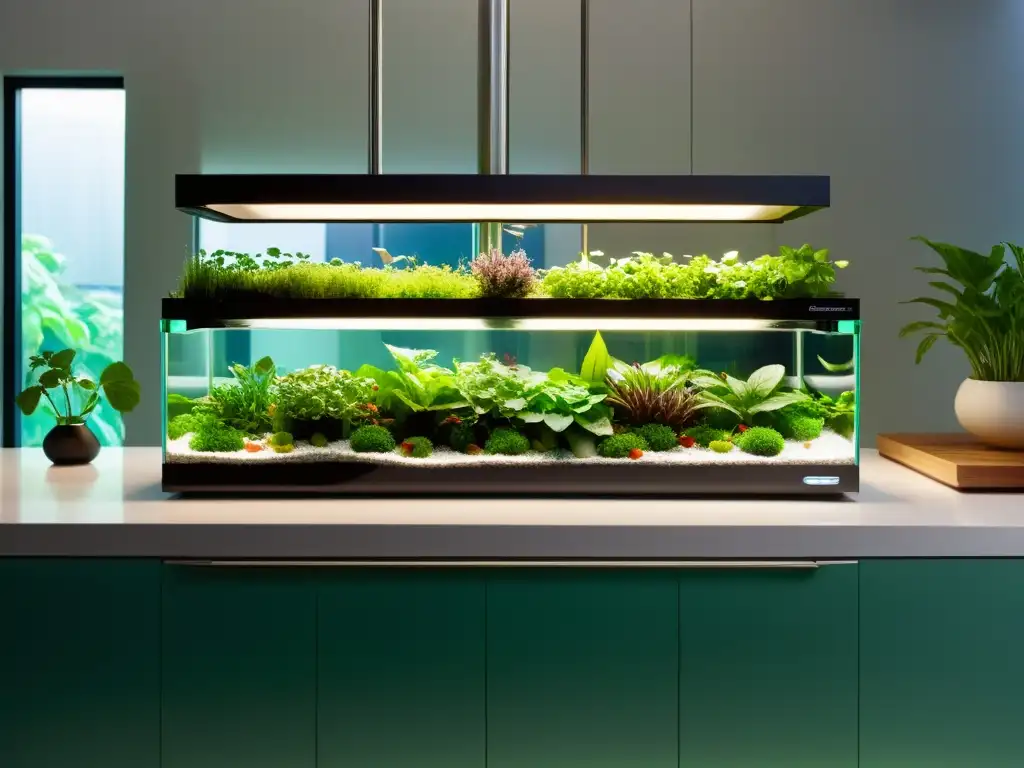 Acuaponía gourmet: integración de acuarios transparentes y vegetación exuberante en una cocina moderna y sofisticada