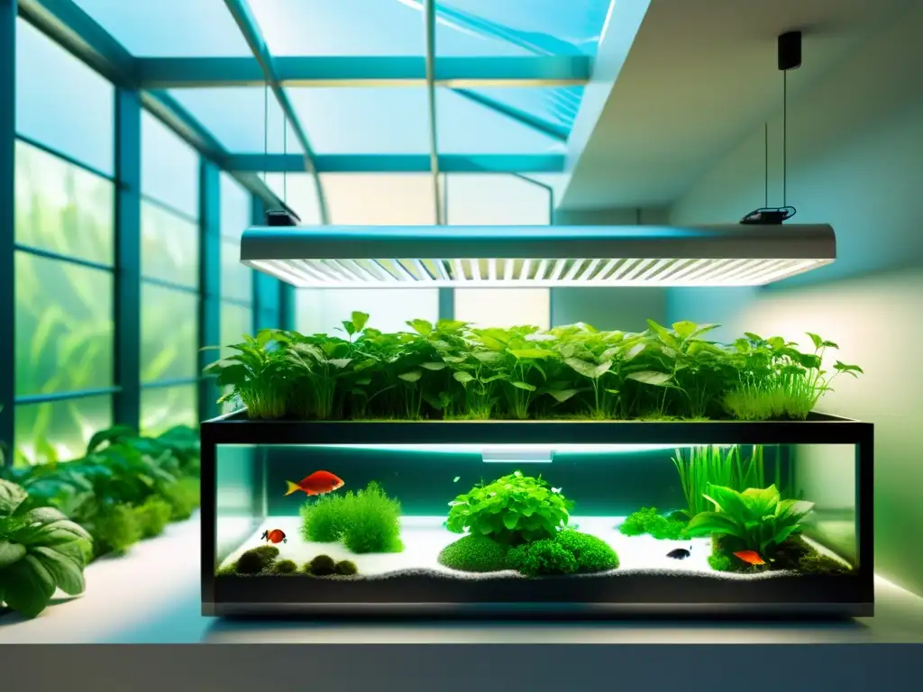 Una granja acuapónica moderna y vibrante con plantas exuberantes y peces nadando en agua clara, iluminada por la cálida luz del sol