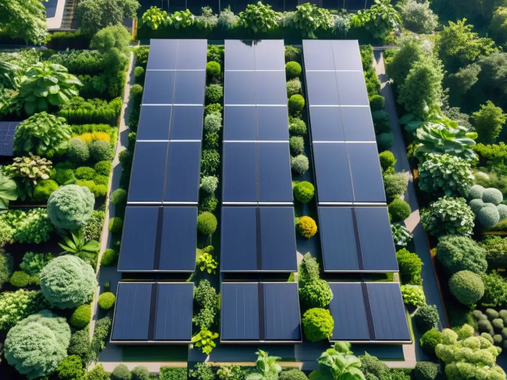 Una granja solar vertical integrada en un exuberante paisaje urbano, capturando la energía solar en un diseño sostenible