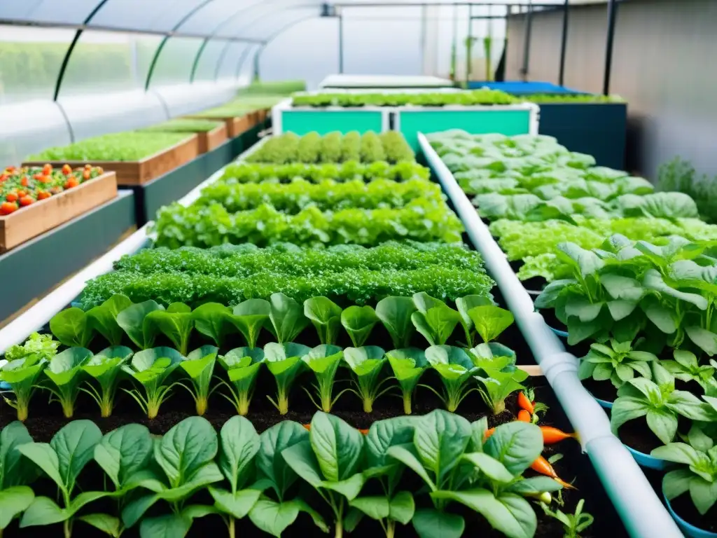 Una granja urbana de acuaponía próspera, con verduras exuberantes y peces coloridos en un entorno moderno y limpio