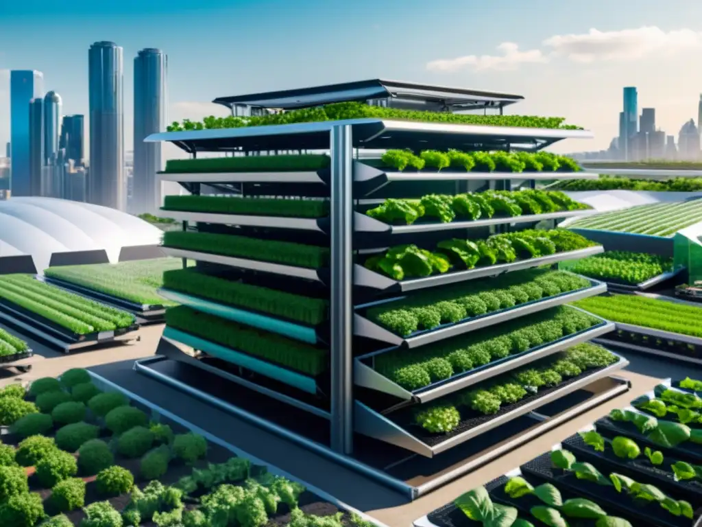 Una granja urbana vertical futurista con tecnología de vanguardia y vegetación exuberante, integrando automatización en huertos verticales urbanos