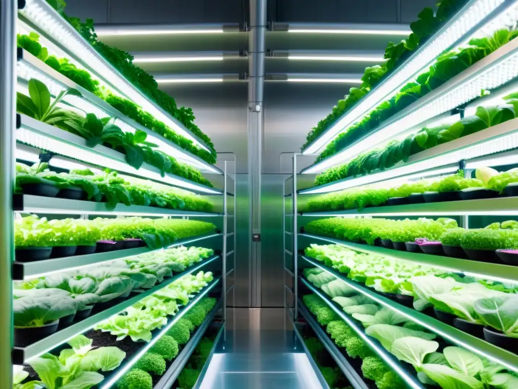 Una granja vertical de alta tecnología muestra cultivos saludables bajo luces LED, destacando técnicas de cultivo en huertos verticales