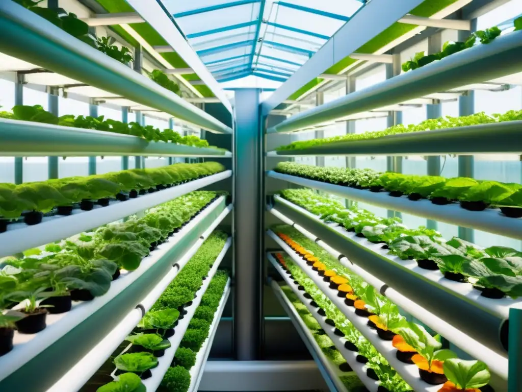 Una granja vertical de acuaponía con diseño moderno, plantas verdes exuberantes y eficiencia en nutrición en huertos verticales acuaponía