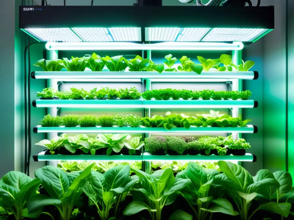 Una granja vertical futurista muestra alimentos frescos de agricultura vertical con vegetales vibrantes bajo luces LED