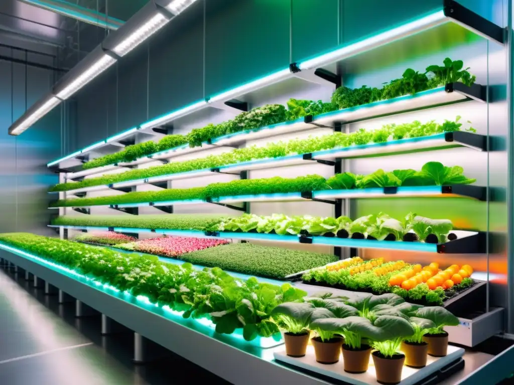 Una granja vertical futurista muestra alimentos frescos de agricultura vertical en vibrantes luces LED, transmitiendo innovación y frescura