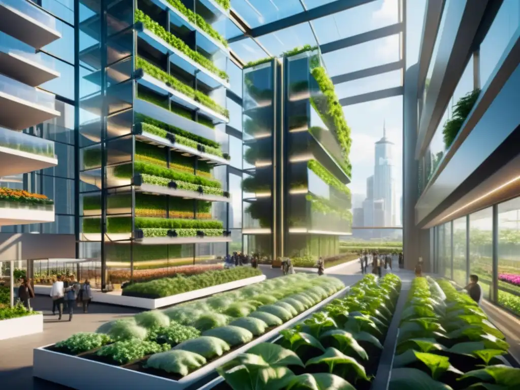 Una granja vertical futurista en una ciudad bulliciosa, con agricultura urbana sostenible con huertos verticales y tecnología avanzada