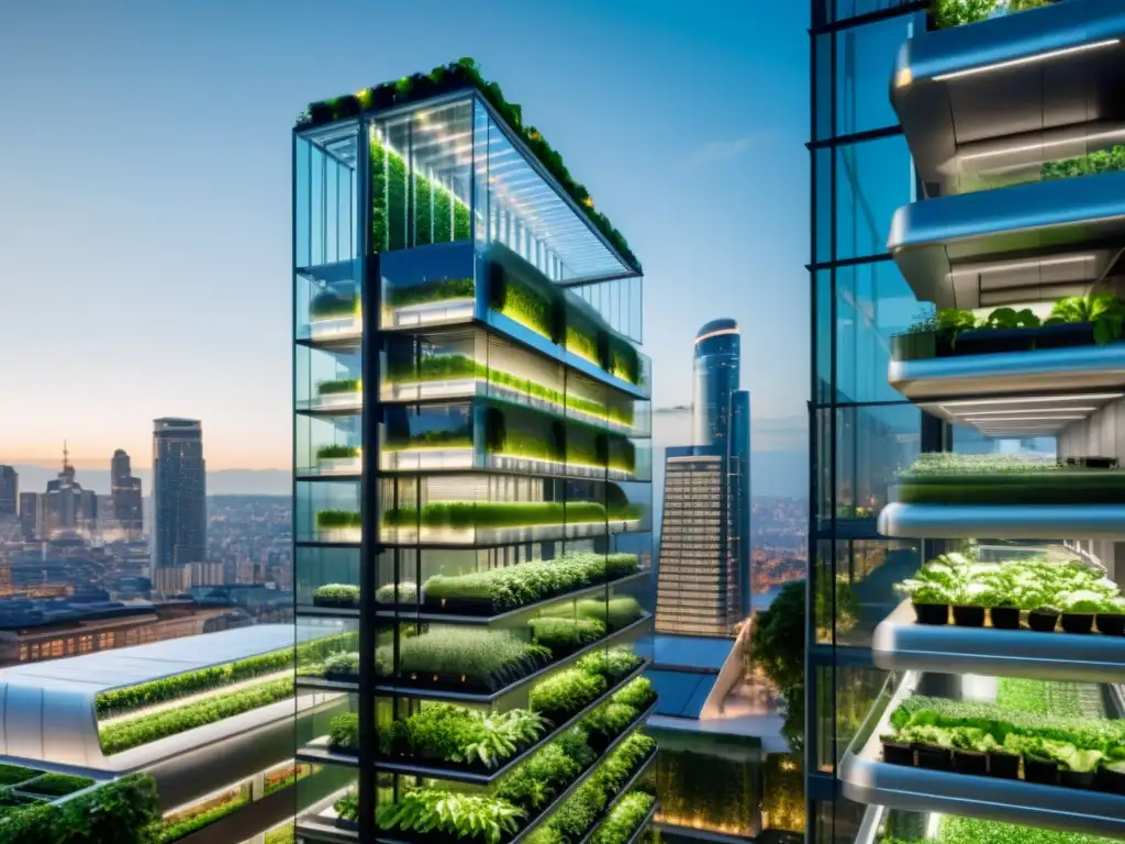 Una granja vertical futurista en una ciudad bulliciosa, con arquitectura moderna y exuberante vegetación