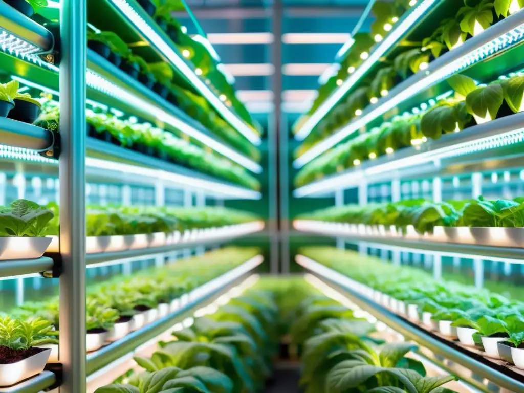 Una granja vertical futurista llena de cultivos vibrantes y saludables bajo luces LED especializadas