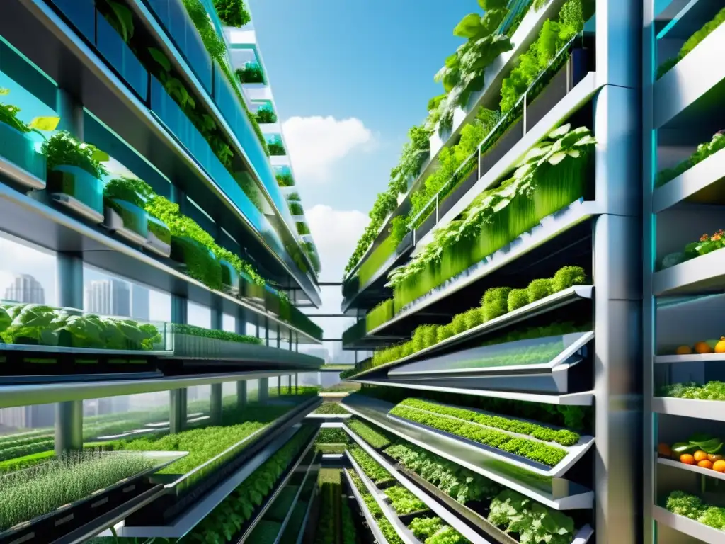 Una granja vertical futurista con soluciones innovadoras para la seguridad alimentaria urbana, destacando la modernidad y sostenibilidad