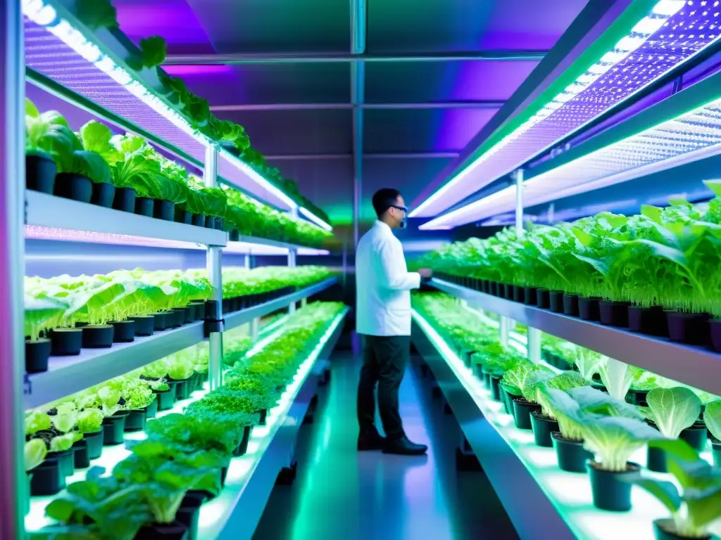 Una granja vertical de interior con verduras exuberantes bajo luces LED moradas, creando una atmósfera de innovación y agricultura urbana del futuro