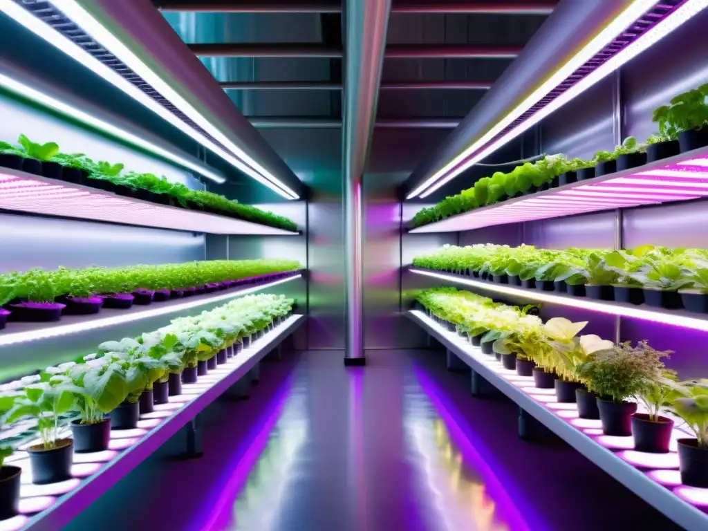 Granja vertical de última generación con iluminación LED automática, creando un ambiente moderno y próspero para la agricultura urbana