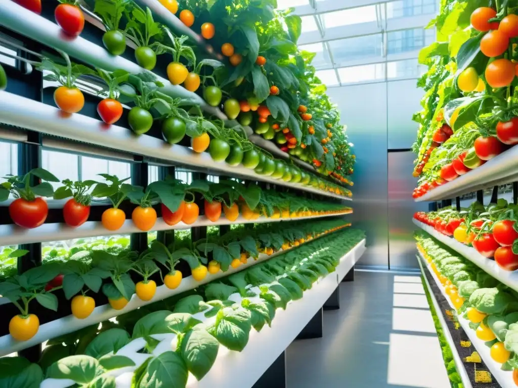 Una granja vertical moderna y vibrante llena de verdor, con alimentos frescos de agricultura vertical en exhibición, irradiando frescura y abundancia