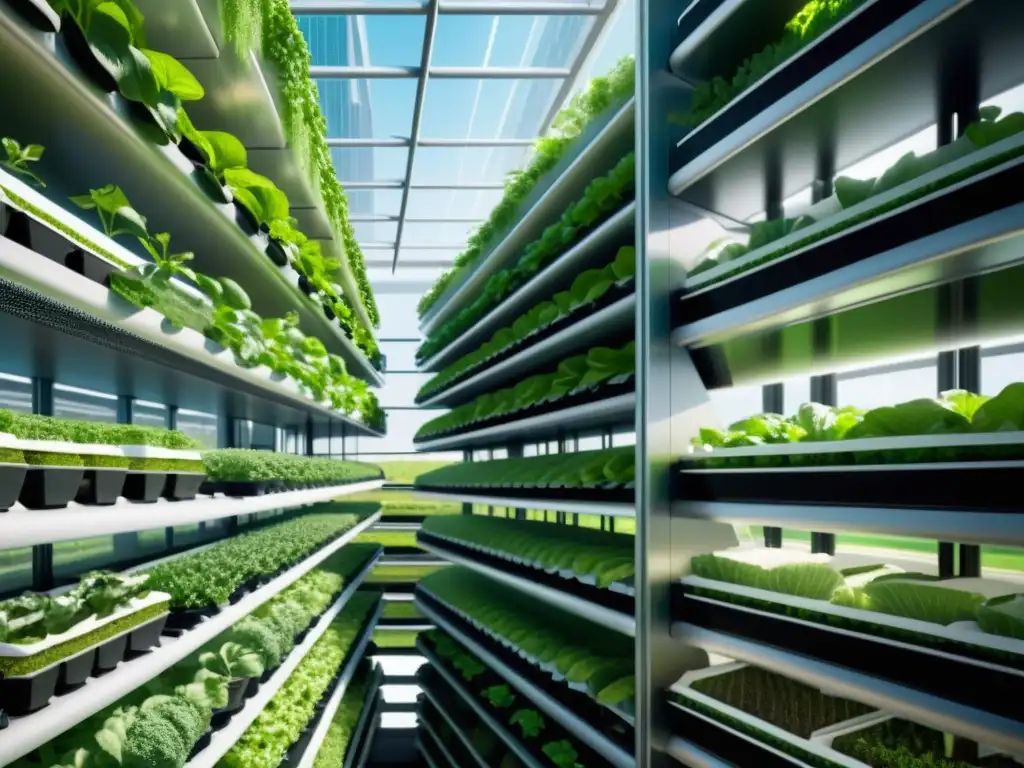 Una granja vertical sostenible e innovadora con diseño futurista, tecnología avanzada y vegetación exuberante en filas verticales