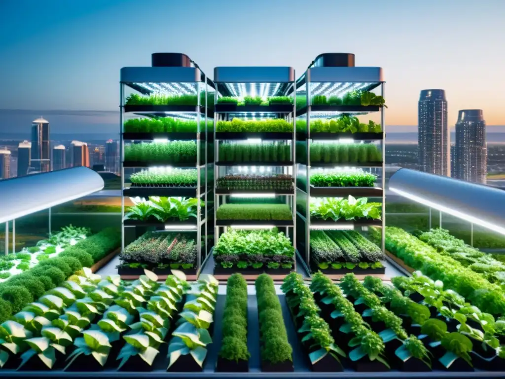 Una granja vertical urbana moderna con plantas exuberantes creciendo en torres futuristas