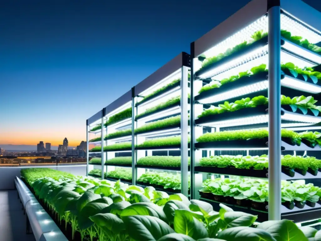 Una granja vertical urbana moderna, con filas de plantas verdes bajo luces LED, fusionando agricultura en la ciudad