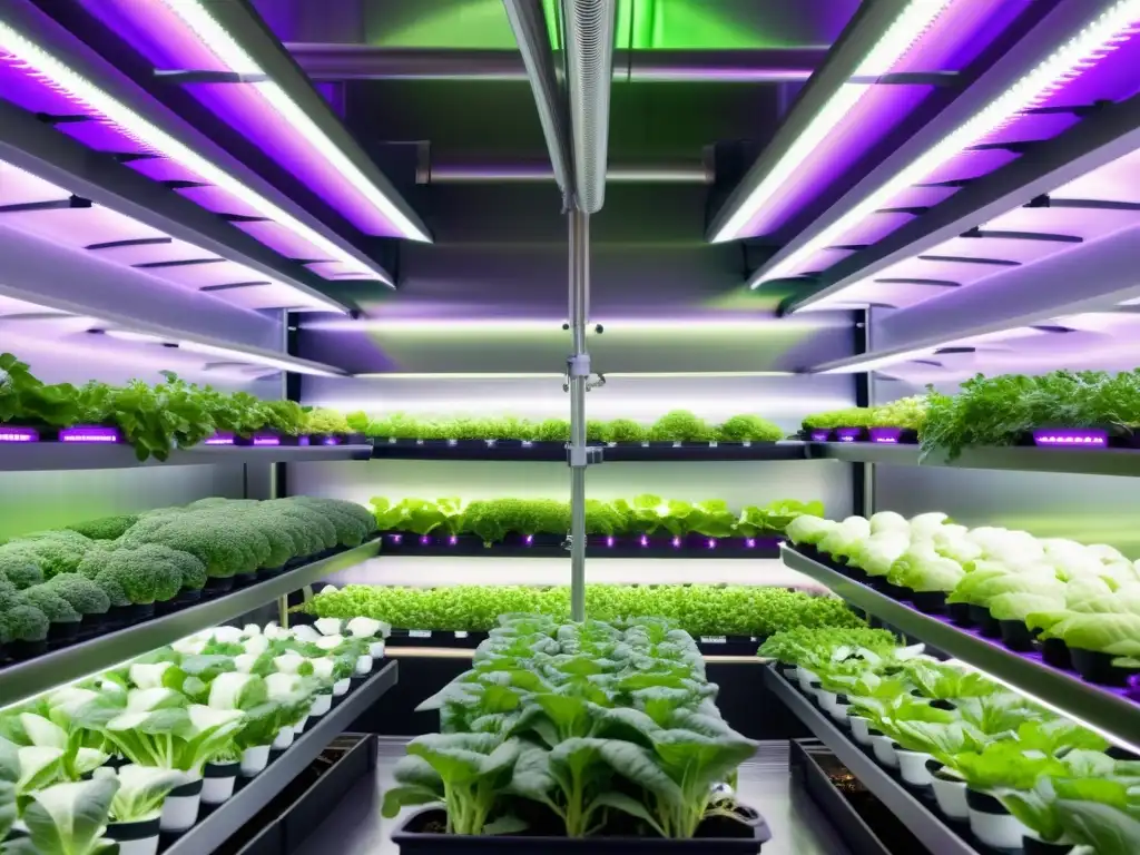 Una granja vertical de vanguardia con un diseño futurista y plantas exuberantes iluminadas por luces LED