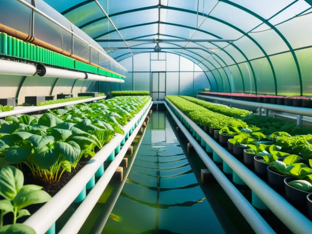 Una granja de acuaponía vibrante con plantas exuberantes y peces de colores nadando en el agua