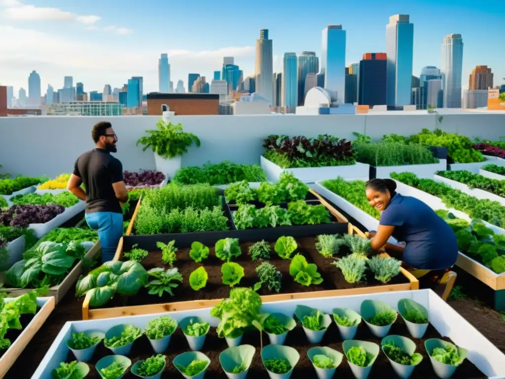 Grupo de agricultores urbanos colaborando en un jardín en la azotea