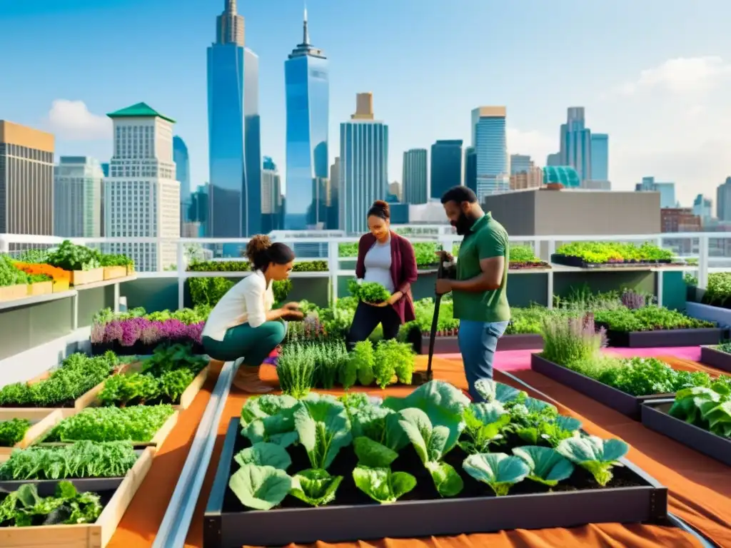 Grupo de agricultores urbanos trabajando en jardín en la azotea con vista a la ciudad