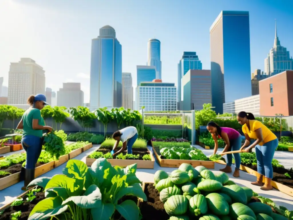 Grupo de agricultores urbanos colaborando en un jardín comunitario, rodeados de rascacielos