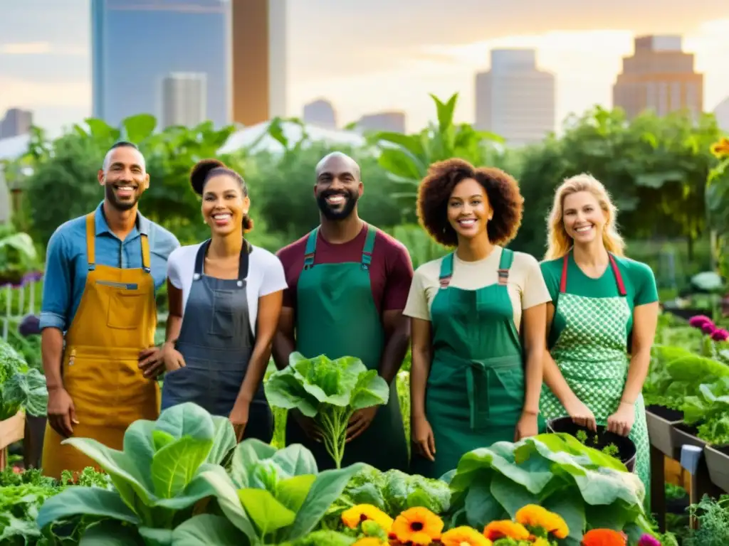 Un grupo de agricultores urbanos diverso cuida un próspero jardín comunitario