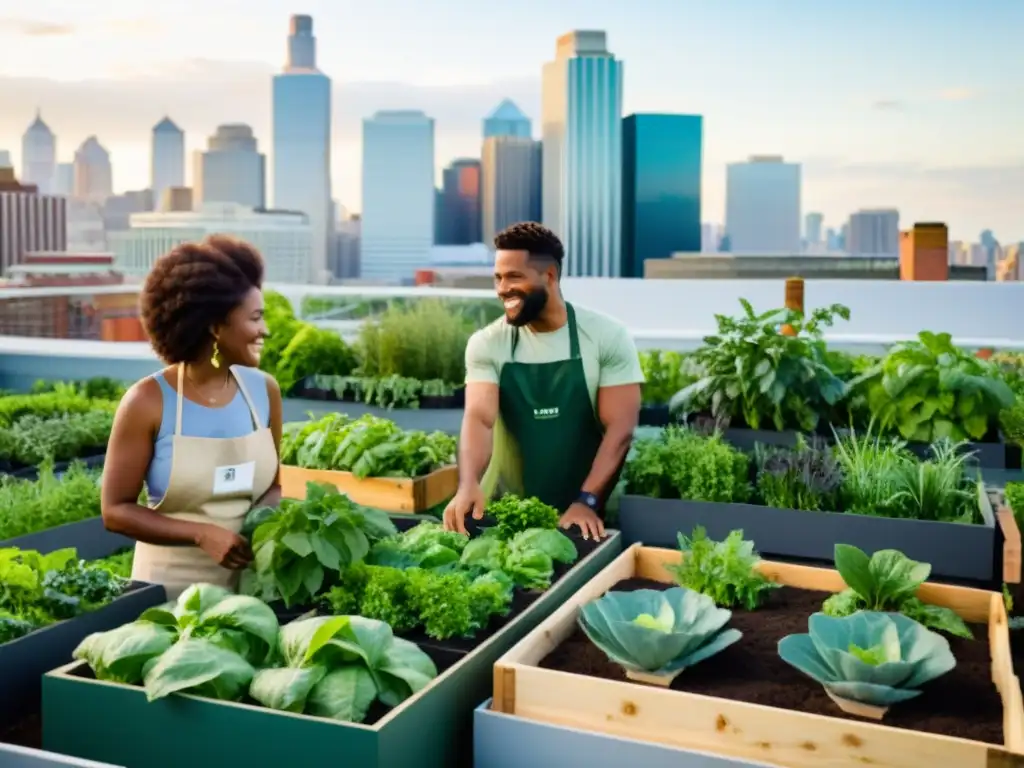 Un grupo de agricultores urbanos diverso y moderno cuida un exuberante jardín en la azotea, disfrutando del activismo en agricultura urbana