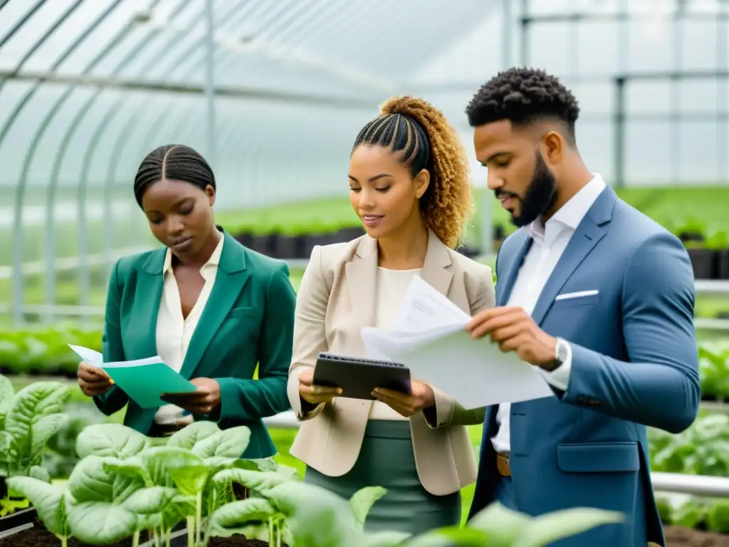 Un grupo de agricultores urbanos revisando documentos legales en un invernadero moderno, rodeados de exuberante vegetación