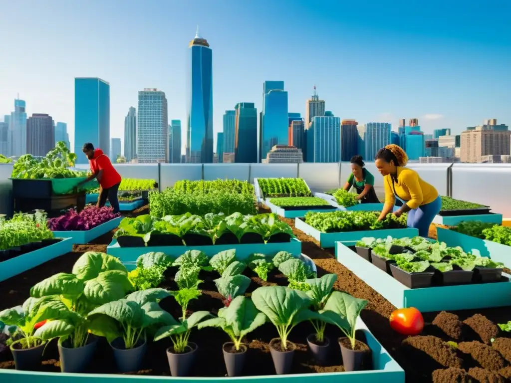 Grupo de agricultores urbanos en jardín ecoamigable, con la ciudad de fondo