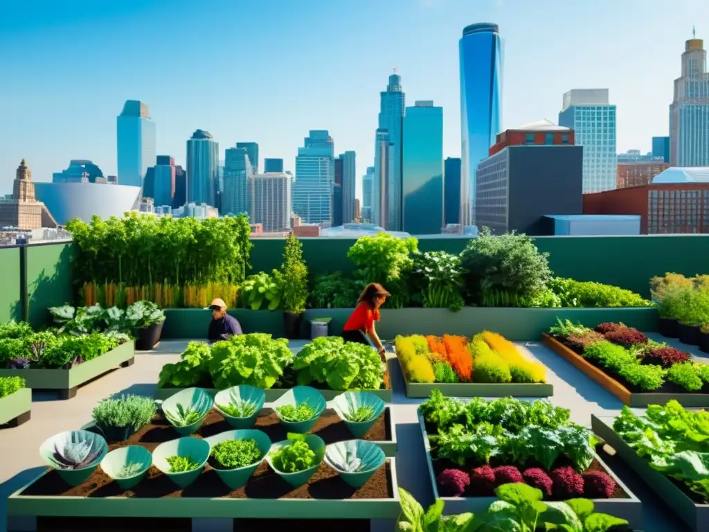 Un grupo de agricultores urbanos cuidando un exuberante huerto en la azotea de la ciudad, con cultivos coloridos y modernas herramientas