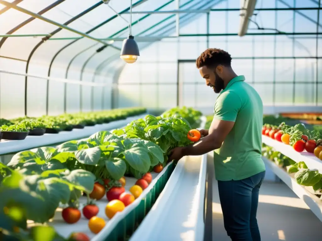 'Grupo de agricultores urbanos en invernadero moderno, cuidando con esmero hortalizas y tomates