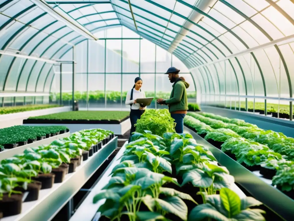 Grupo de agricultores urbanos en invernadero moderno, utilizando tecnología aplicada en huertos urbanos