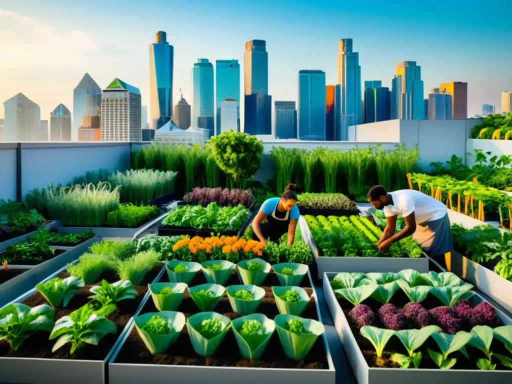 Grupo de agricultores urbanos novatos cosechando en un jardín de azotea moderno, rodeados de exuberante vegetación y cultivos variados