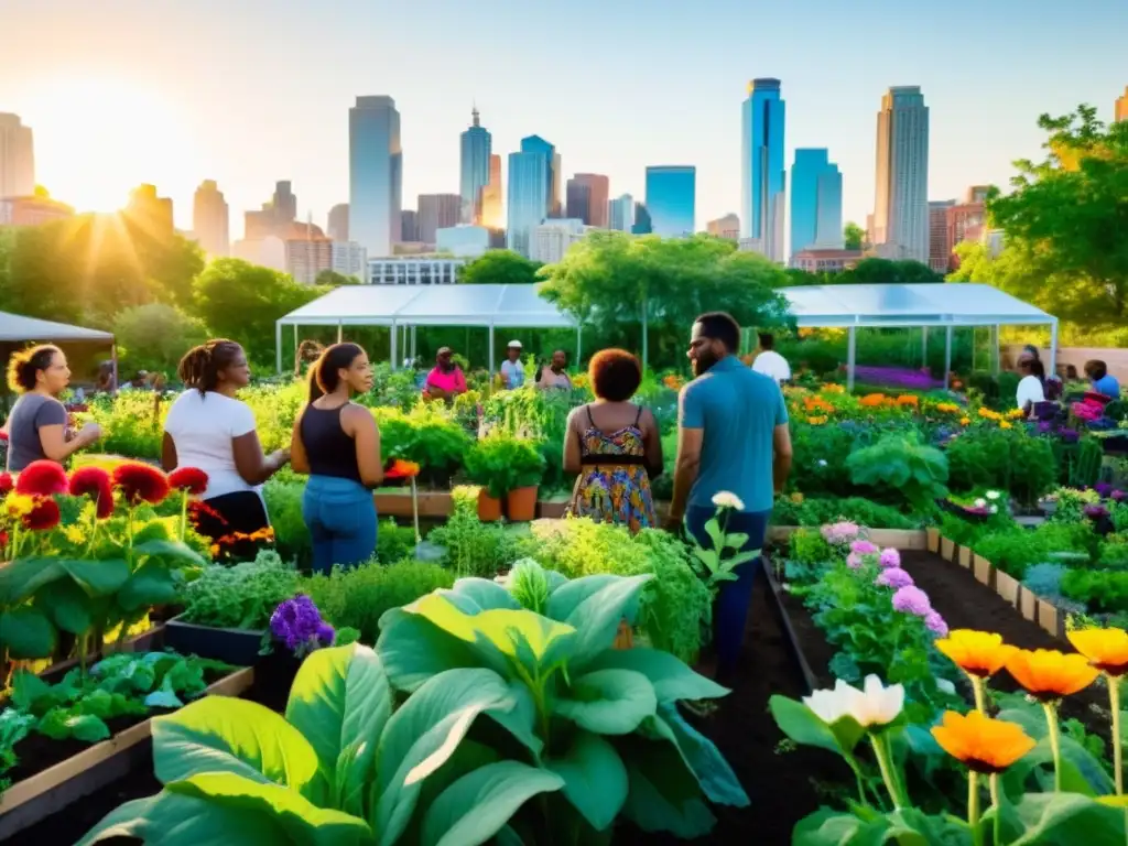 Un grupo diverso de activistas y agricultores urbanos se reúnen en un vibrante jardín comunitario, cultivando la tierra con pasión y unidad