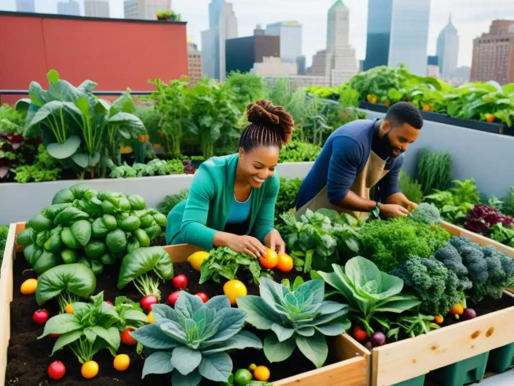 Grupo diverso de activistas en la agricultura urbana cultivando un jardín frondoso y vibrante en la azotea de la ciudad