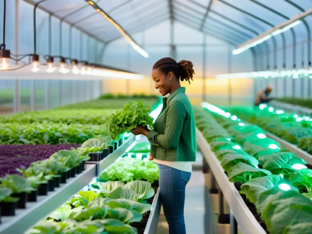 Grupo diverso de agricultores urbanos en invernadero moderno, cuidando cultivos bajo luces LED