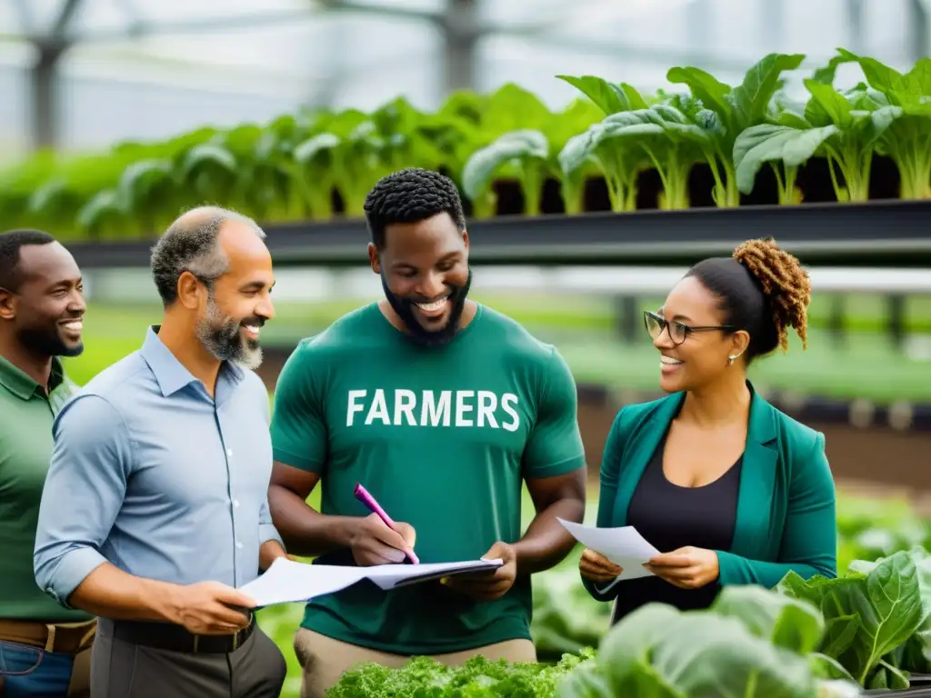 Un grupo diverso de agricultores urbanos discute sobre información legal de agricultura urbana, rodeados de equipo agrícola y vegetación urbanos