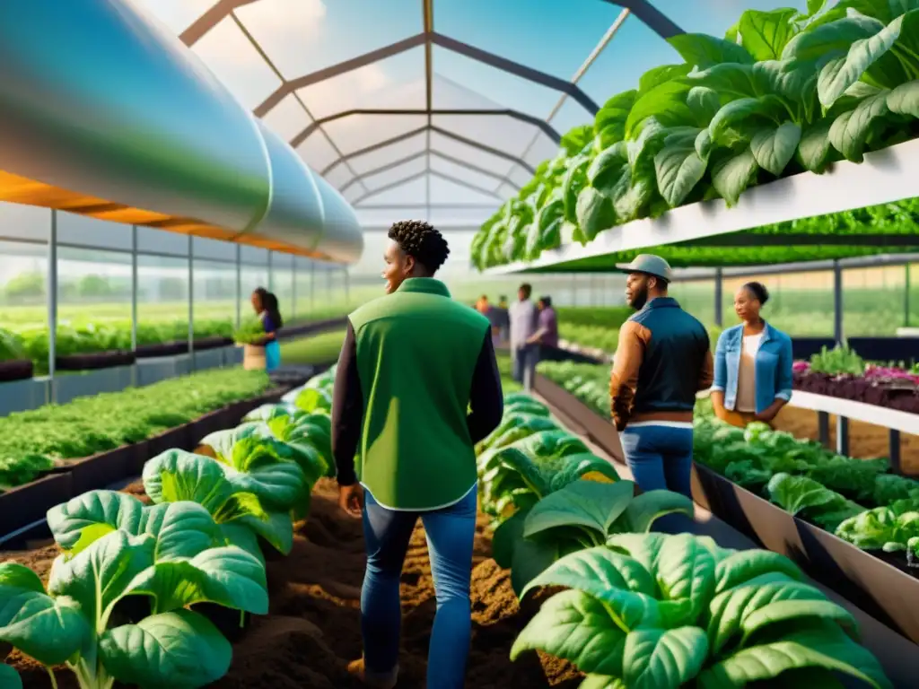 Grupo diverso de urban farmers y embajadores de marca para ventas, innovando en agricultura urbana futurista