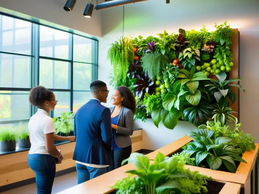 Grupo diverso de estudiantes y educadores trabajando en un aula moderna con un jardín vertical vibrante