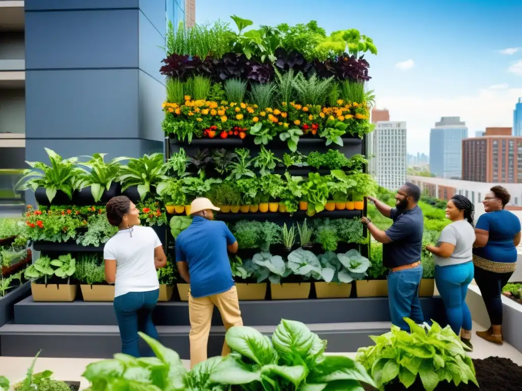 Un grupo diverso colabora en huertos verticales, integrando naturaleza en la ciudad