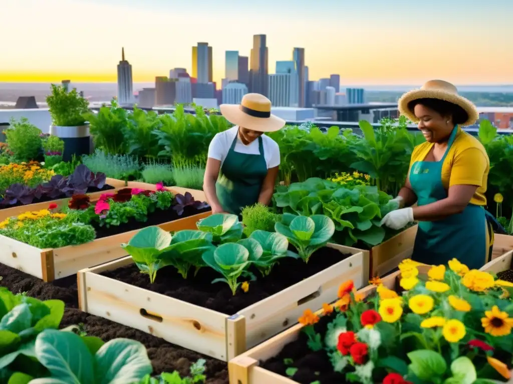 Grupo diverso de jardineros urbanos cuidando de huertos elevados llenos de verduras y flores coloridas