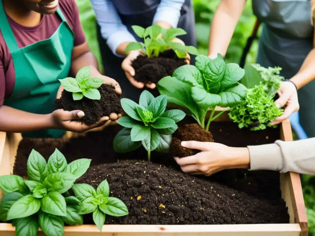 Grupo diverso de jardineros urbanos creando compostaje como herramienta educativa para agricultura urbana, rodeados de exuberante vegetación