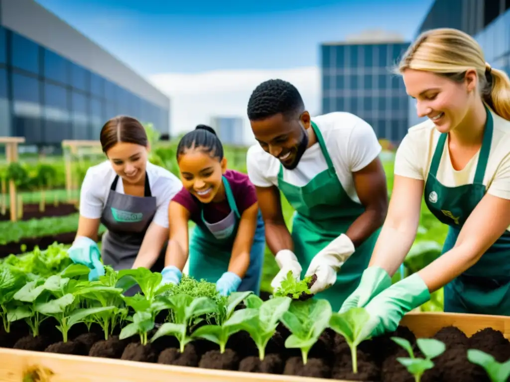 Un grupo diverso de jóvenes voluntarios entusiastas cuidando cultivos en un huerto urbano