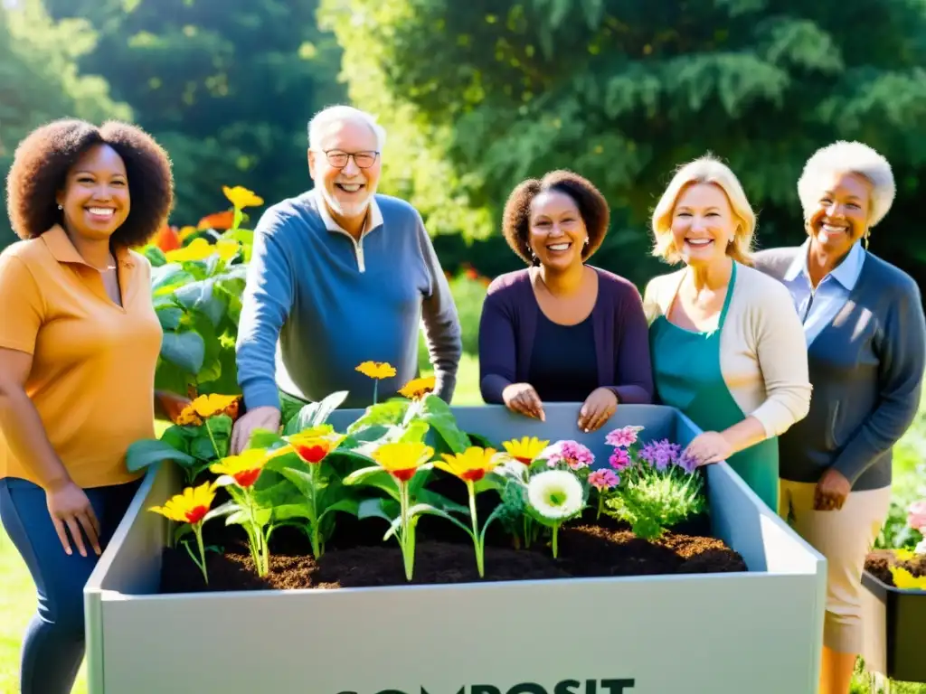 Un grupo diverso de miembros de la comunidad se reúne alrededor de un gran contenedor de compostaje en un jardín comunitario