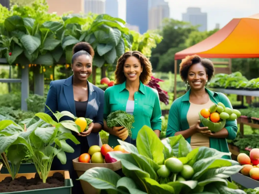 Un grupo diverso de mujeres en atuendos de agricultura urbana moderna, trabajando juntas en un exuberante jardín urbano