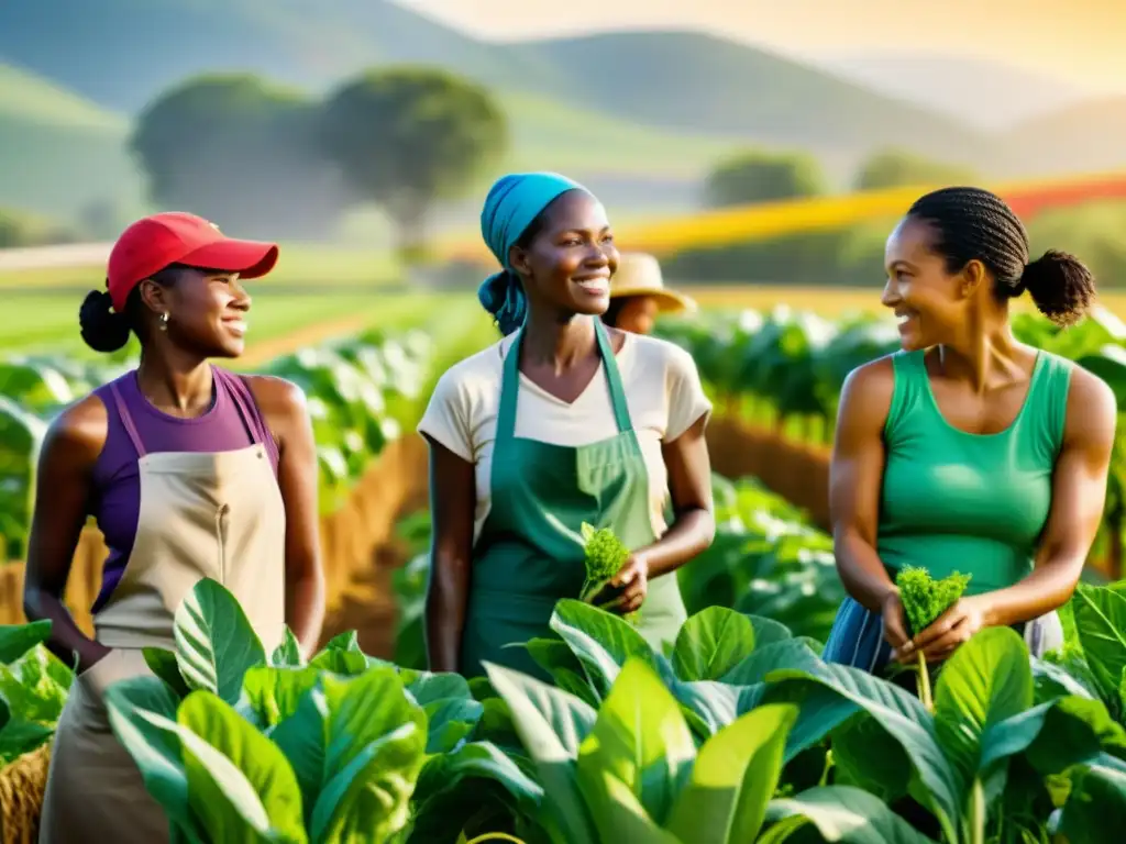 Grupo diverso de mujeres emprendedoras en agricultura, colaborando en un campo soleado, cosechando con éxito