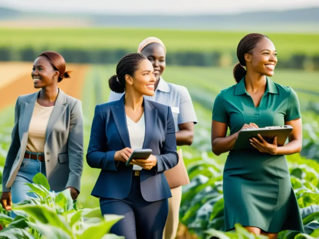 Un grupo diverso de mujeres emprendedoras en agricultura, trabajando en un campo soleado con cultivos