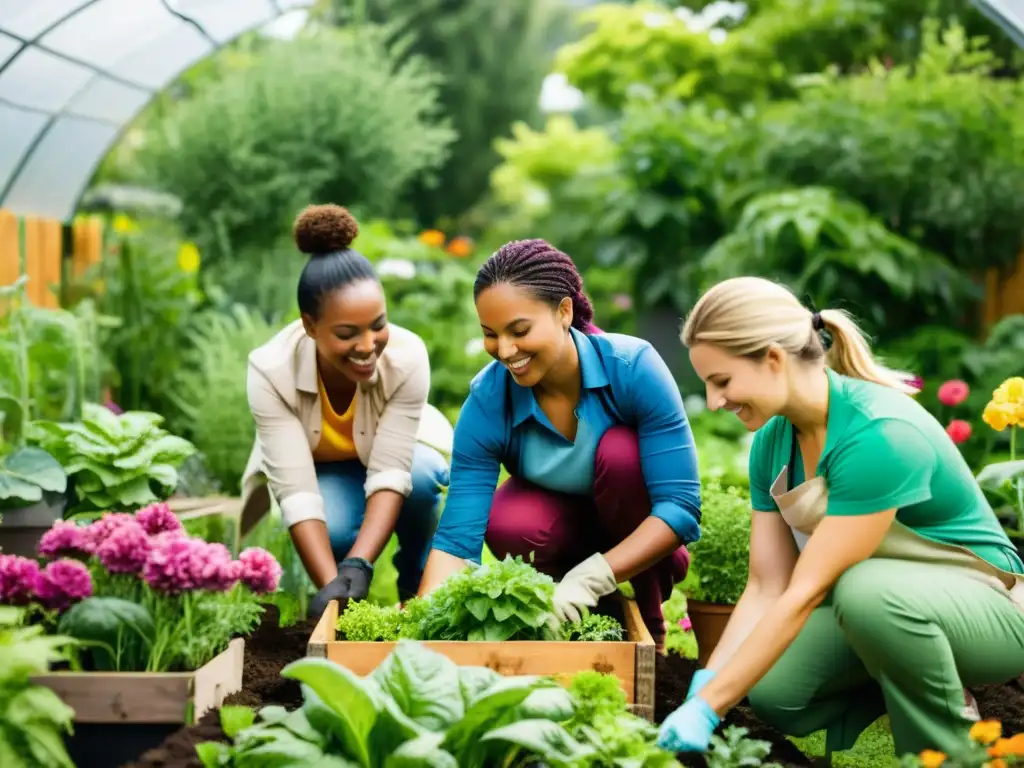 Un grupo diverso de mujeres trabajando juntas en un exuberante jardín urbano, mostrando su contribución a la agricultura urbana