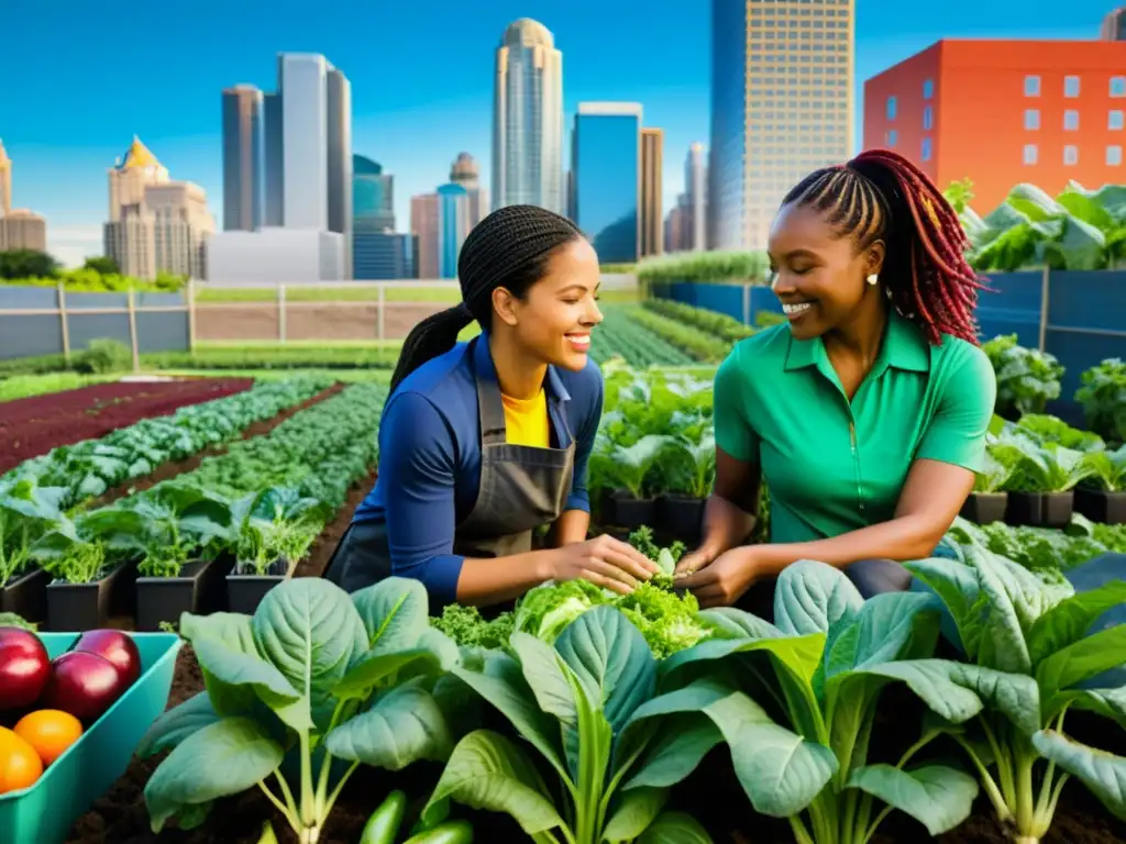 Un grupo diverso de mujeres trabajando juntas en una granja urbana, rodeadas de cultivos y promoviendo el activismo de la agricultura urbana