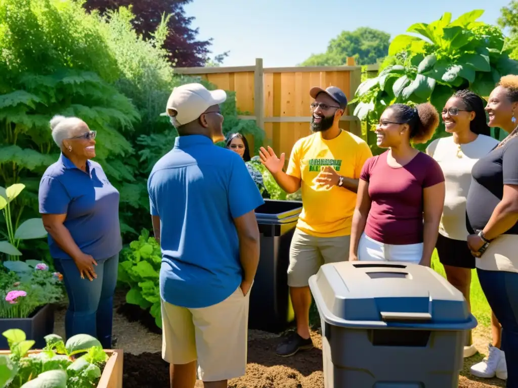 Un grupo diverso disfruta de talleres de compostaje en comunidad en un jardín vibrante, bajo el cálido sol